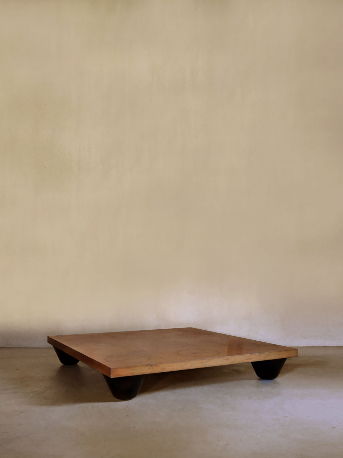 Achille Castiglioni low table for Zanotta, full view, low wooden platform on dark feet