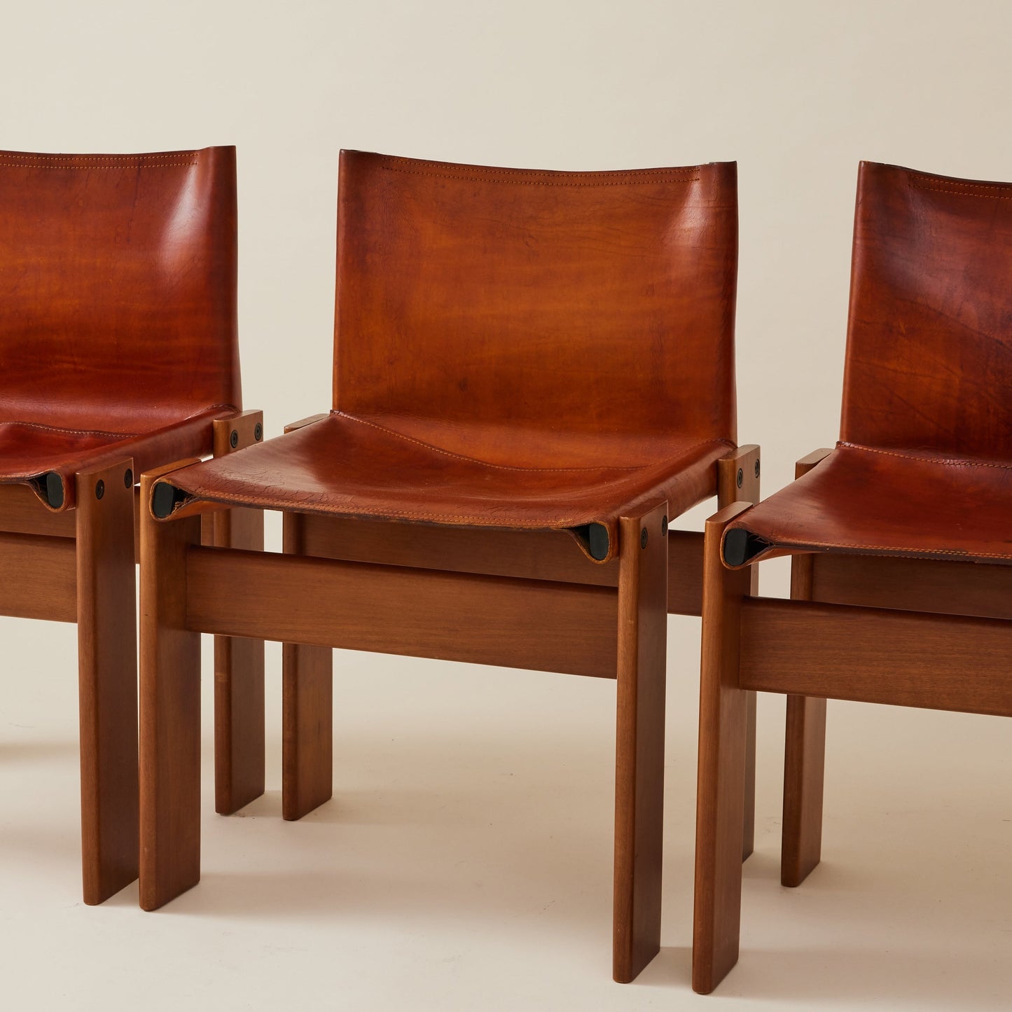 Set of 6 Italian Monk Cognac Leather Dining Chairs by Afra & Tobia Scarpa for Molteni, 1974 Dining Chairs