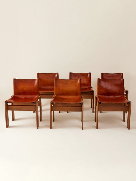Set of 6 Italian Monk Cognac Leather Dining Chairs by Afra & Tobia Scarpa for Molteni, 1974 Dining Chairs