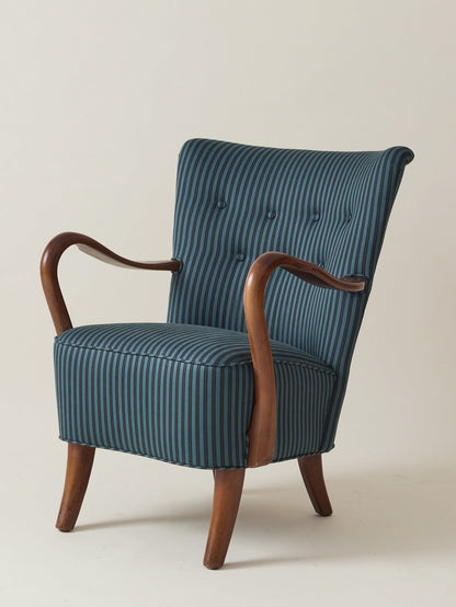 Alfred Christiansen Danish Modern Easy Chair in Blue Striped Cotton Fabric, 1940s Chairs