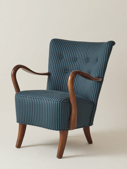 Alfred Christiansen Danish Modern Easy Chair in Blue Striped Cotton Fabric, 1940s Chairs
