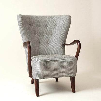 Alfred Christiansen High Back Easy Chair 23B in Striped Linen, 1940s Chairs