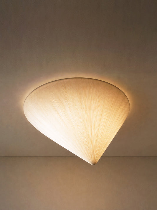 Annibale Oste "Fiat Lux G" ceiling lamp, full view of the pleated fiberglass diffuser