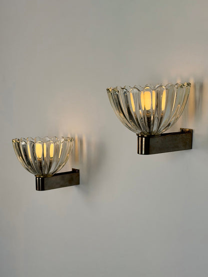 Pair of Murano Crystal Sconces with Suspended Gold Leaf Particles by E. Barovier Sconces