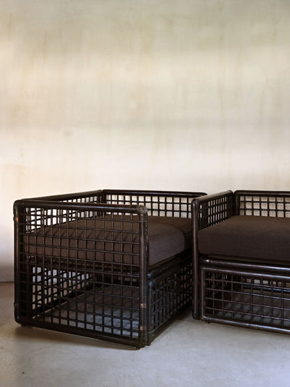Afra and Tobia Scarpa "Basilian" armchair for B&B Italia, two armchairs seen at an angle
