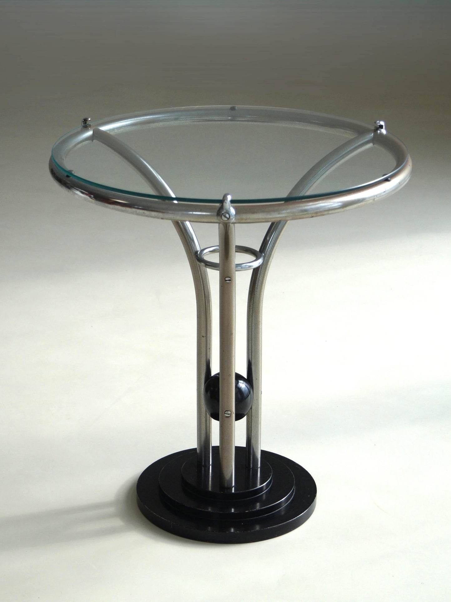 Bauhaus Tubular Chrome, Black Ball and Glass Top Side Table, Ca. 1935 End Tables