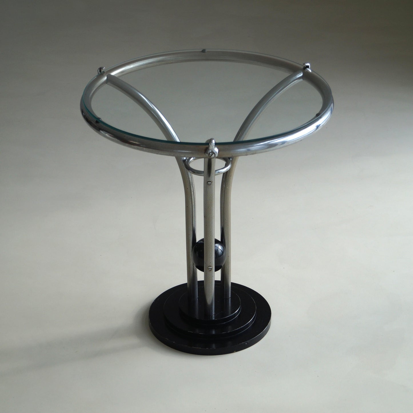 Bauhaus Tubular Chrome, Black Ball and Glass Top Side Table, Ca. 1935 End Tables
