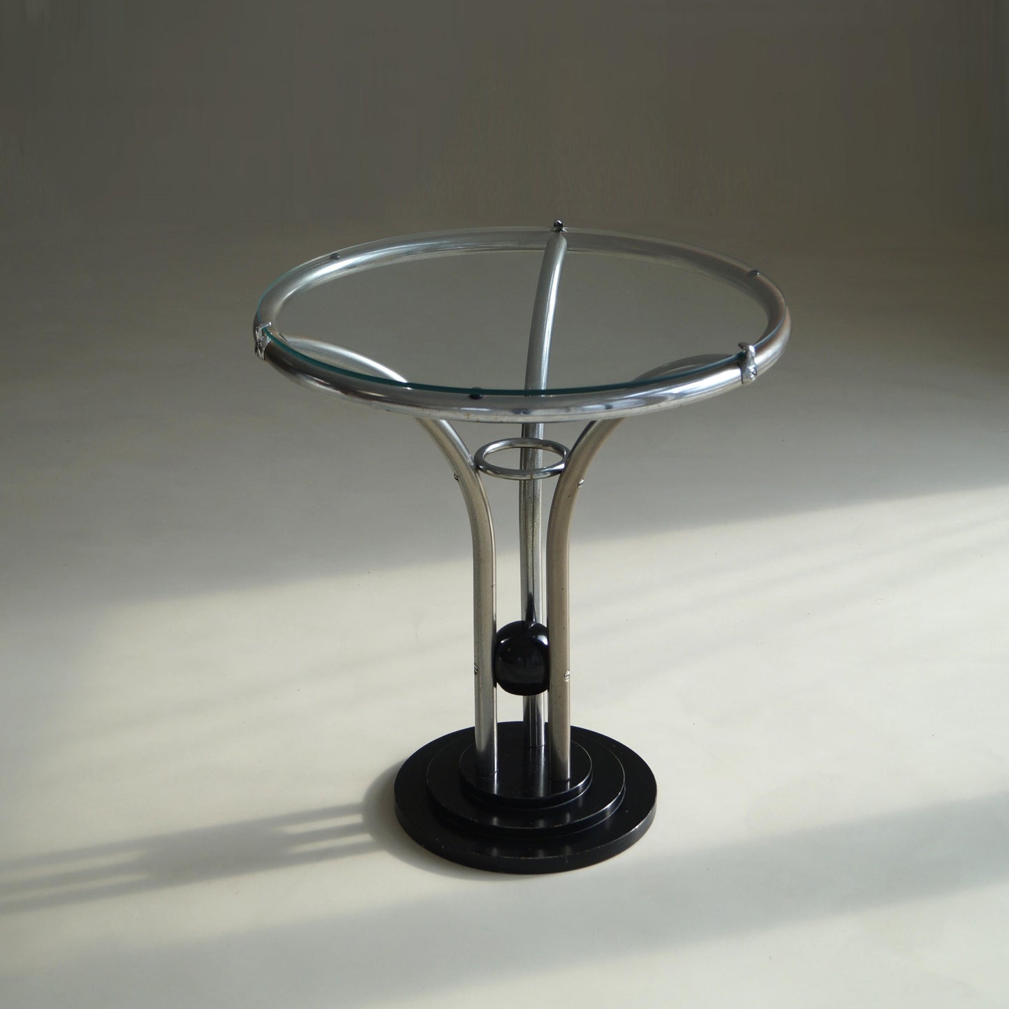 Bauhaus Tubular Chrome, Black Ball and Glass Top Side Table, Ca. 1935 End Tables