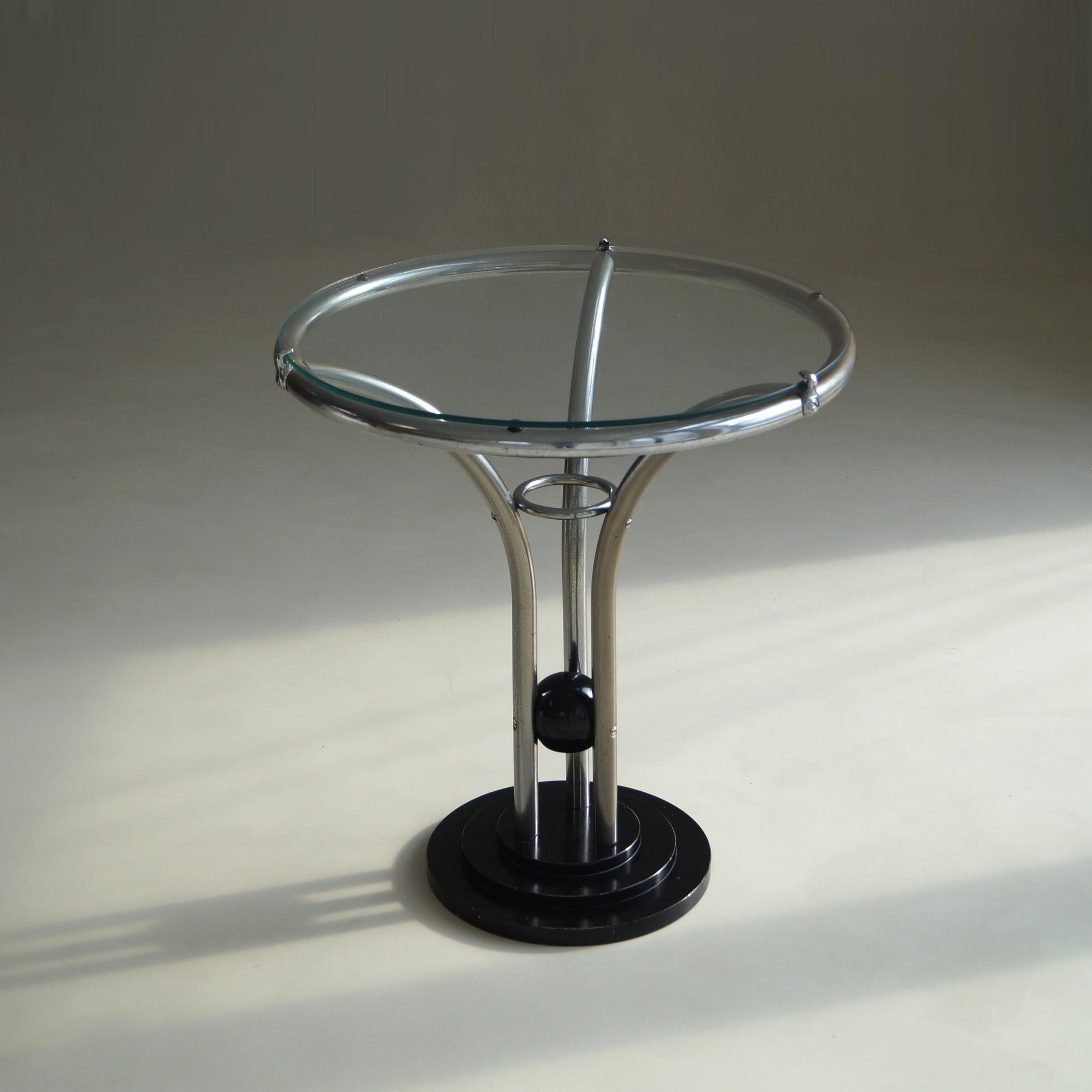 Bauhaus Tubular Chrome, Black Ball and Glass Top Side Table, Ca. 1935 End Tables