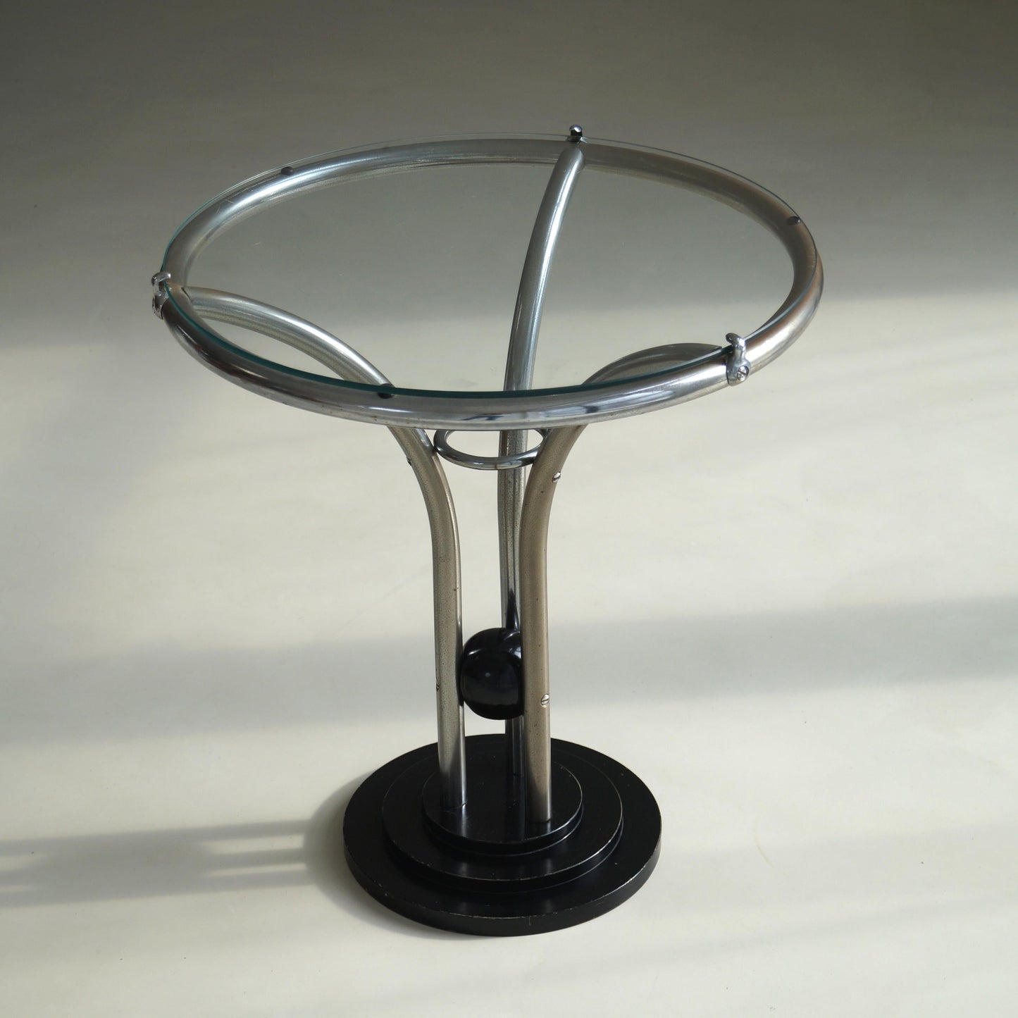Bauhaus Tubular Chrome, Black Ball and Glass Top Side Table, Ca. 1935 End Tables