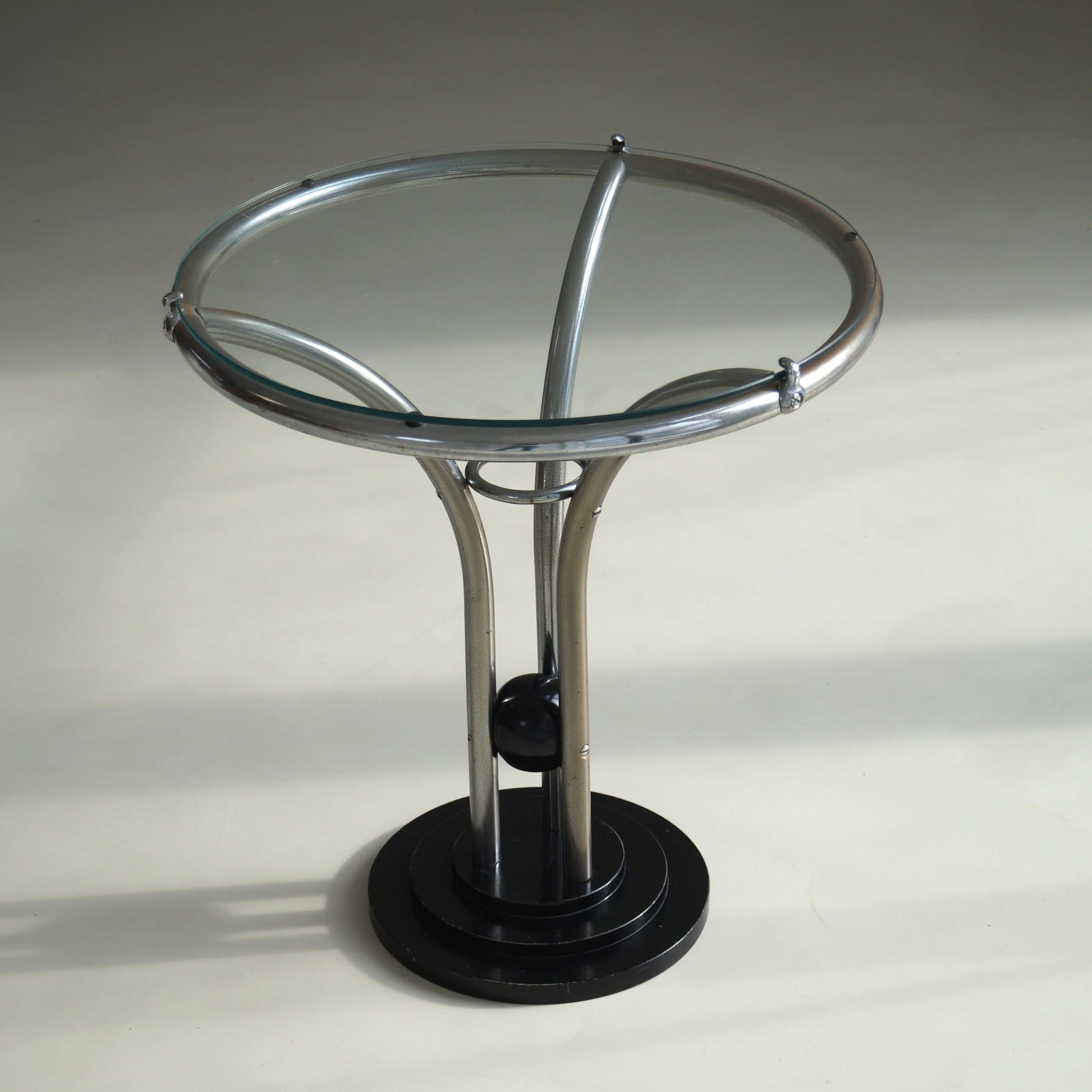Bauhaus Tubular Chrome, Black Ball and Glass Top Side Table, Ca. 1935 End Tables