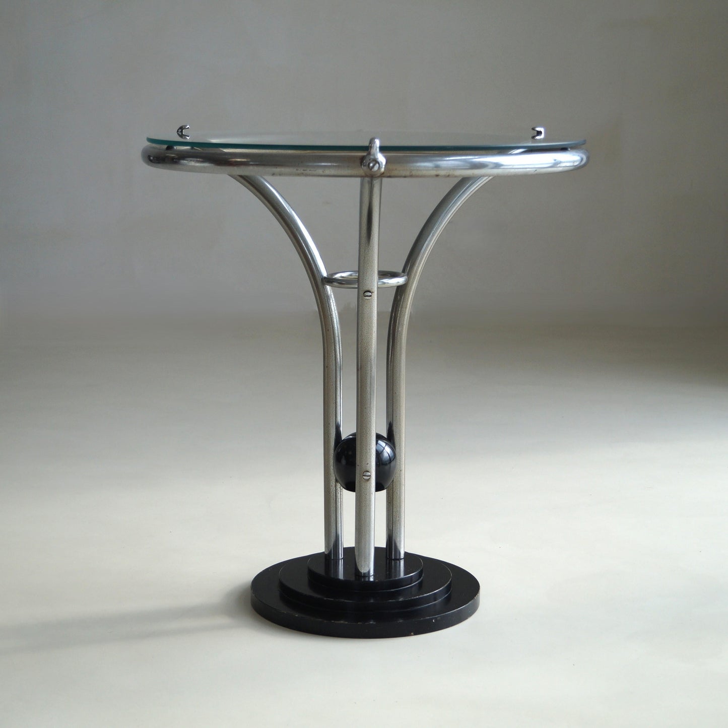 Bauhaus Tubular Chrome, Black Ball and Glass Top Side Table, Ca. 1935 End Tables
