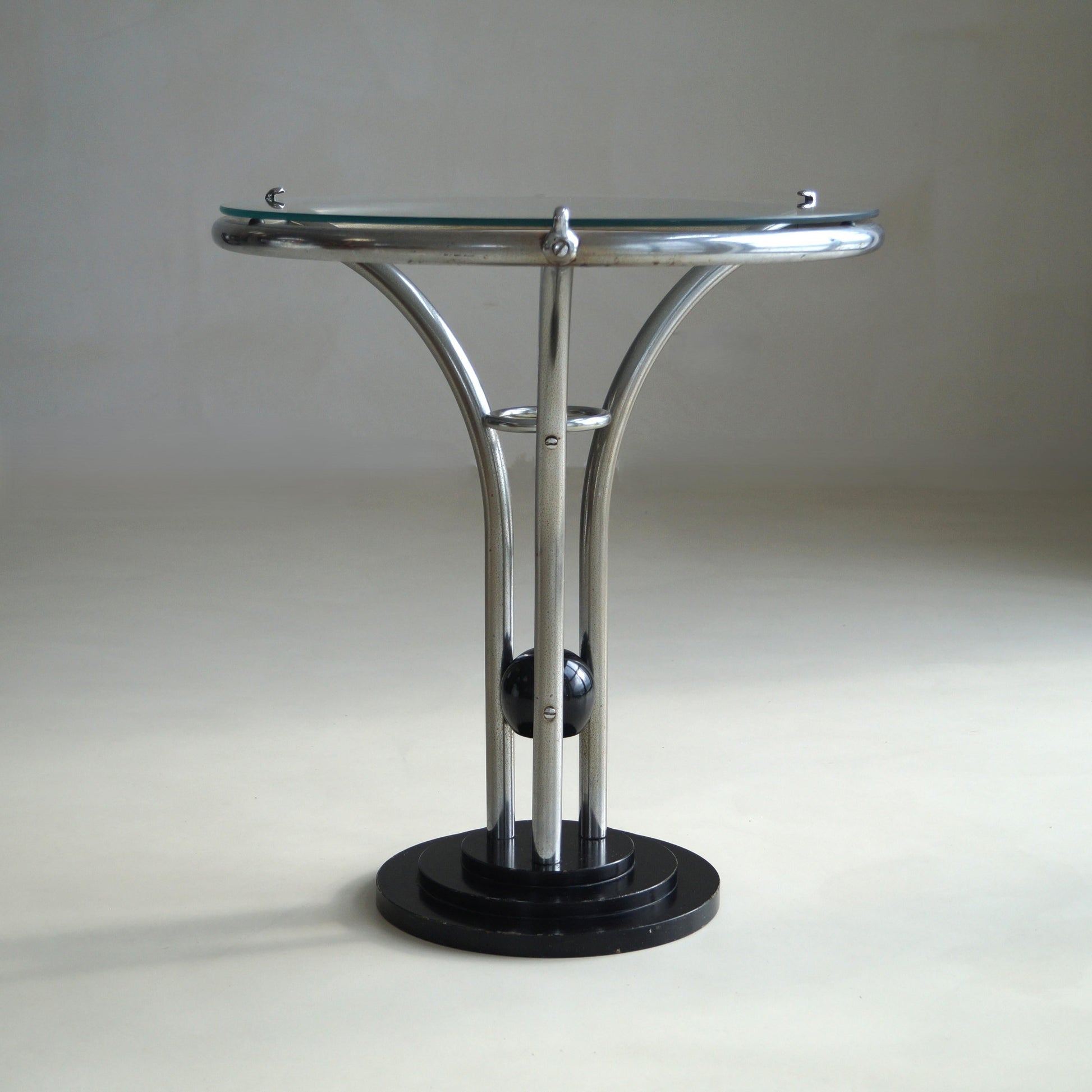 Bauhaus Tubular Chrome, Black Ball and Glass Top Side Table, Ca. 1935 End Tables