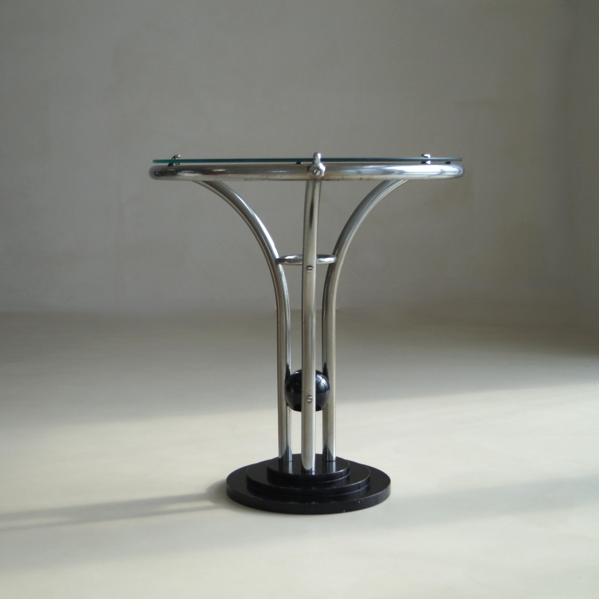 Bauhaus Tubular Chrome, Black Ball and Glass Top Side Table, Ca. 1935 End Tables