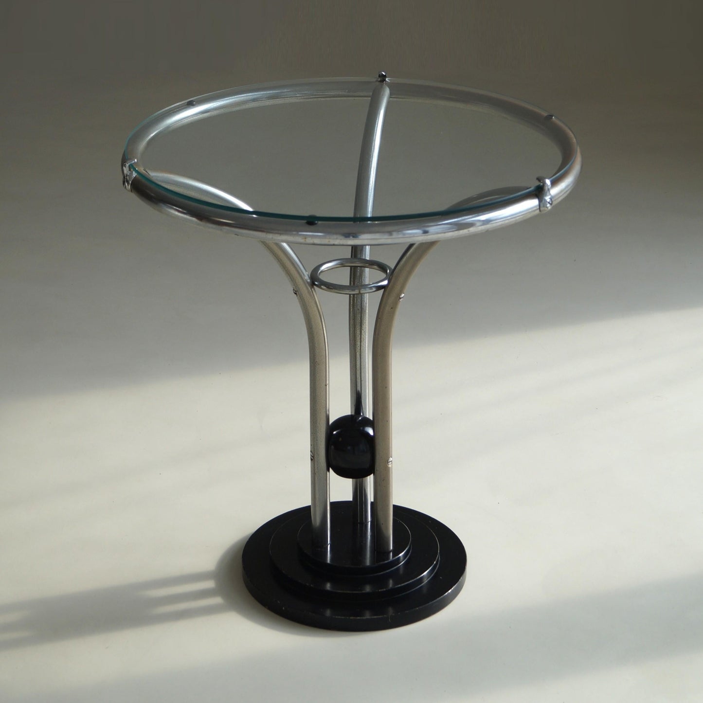 Bauhaus Tubular Chrome, Black Ball and Glass Top Side Table, Ca. 1935 End Tables