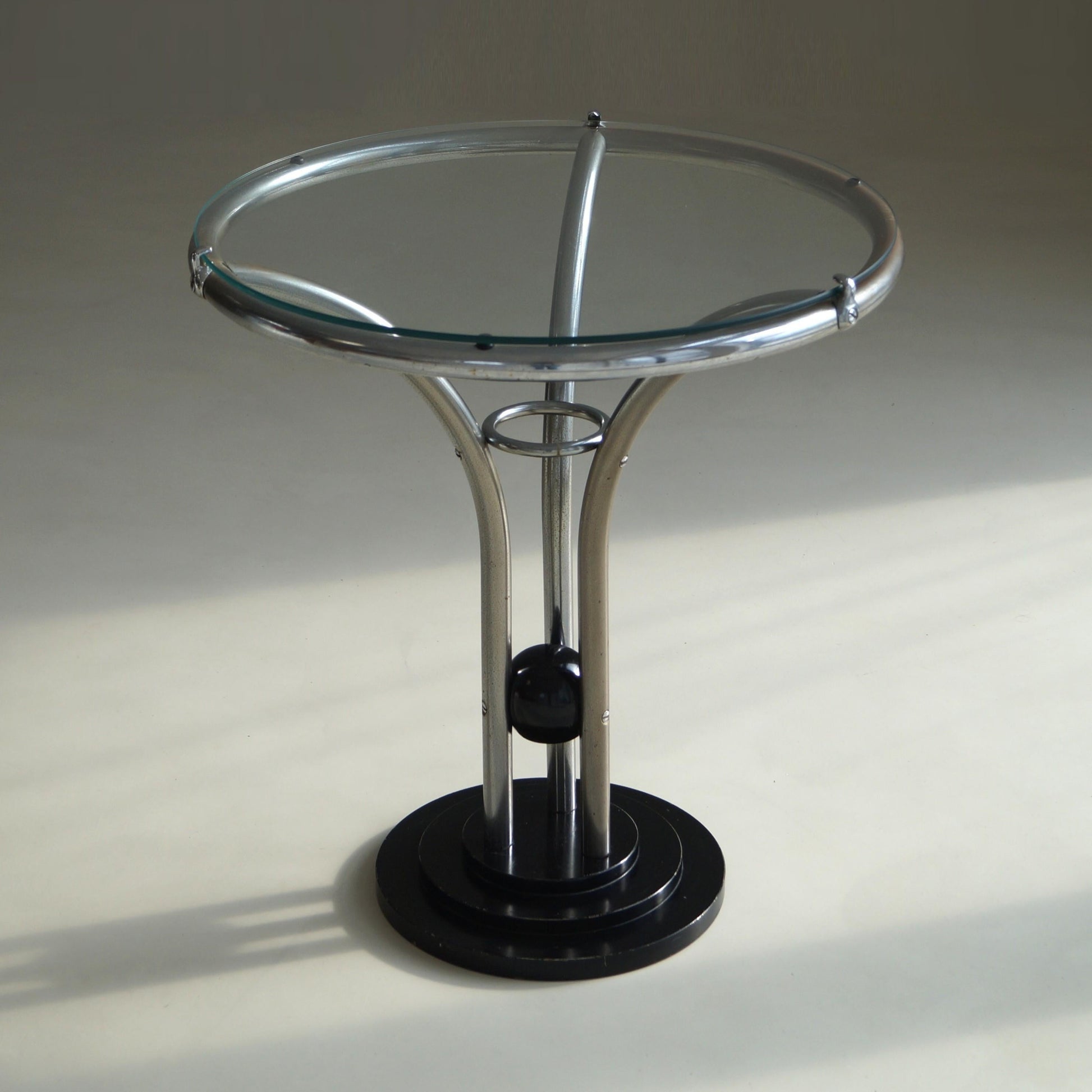 Bauhaus Tubular Chrome, Black Ball and Glass Top Side Table, Ca. 1935 End Tables