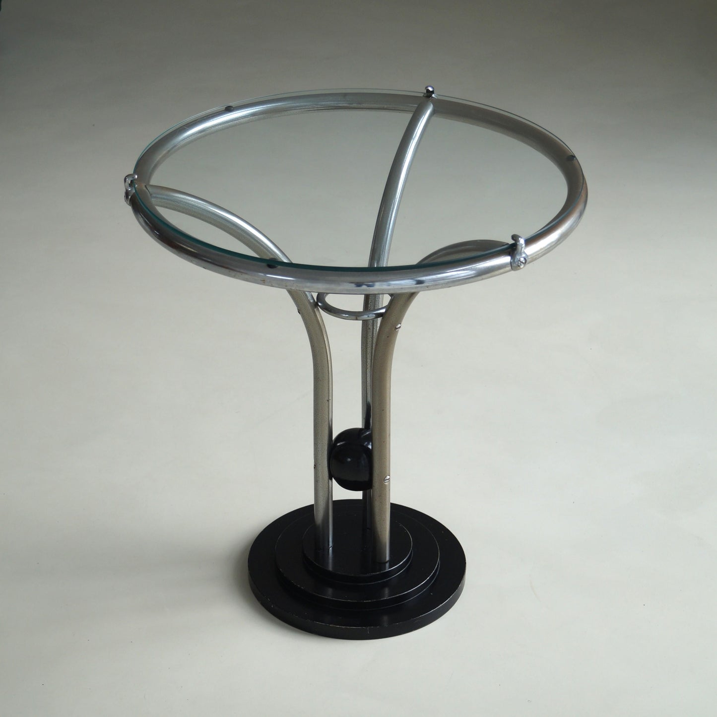 Bauhaus Tubular Chrome, Black Ball and Glass Top Side Table, Ca. 1935 End Tables