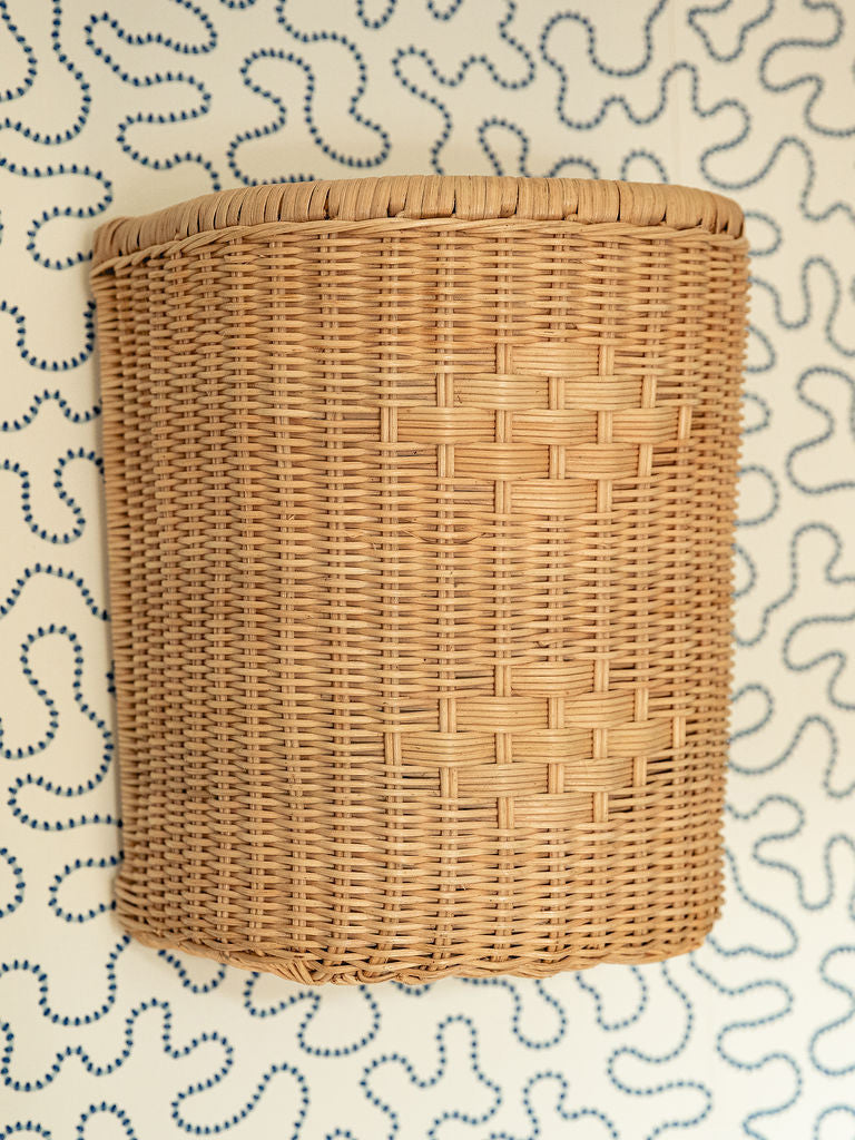 Beatrice Wall Light Shade, Natural, close up on a patterned wallpaper