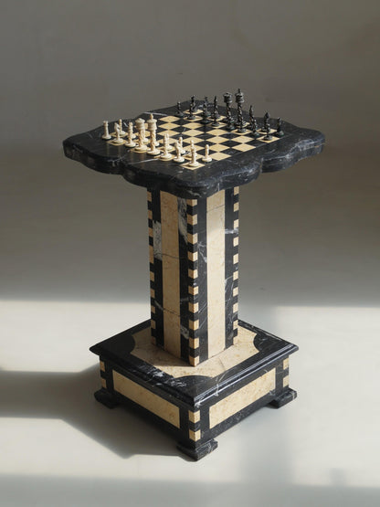 Belgian Art Deco Chess Table in Black and Honey-Toned Marble, 1920s Game Tables