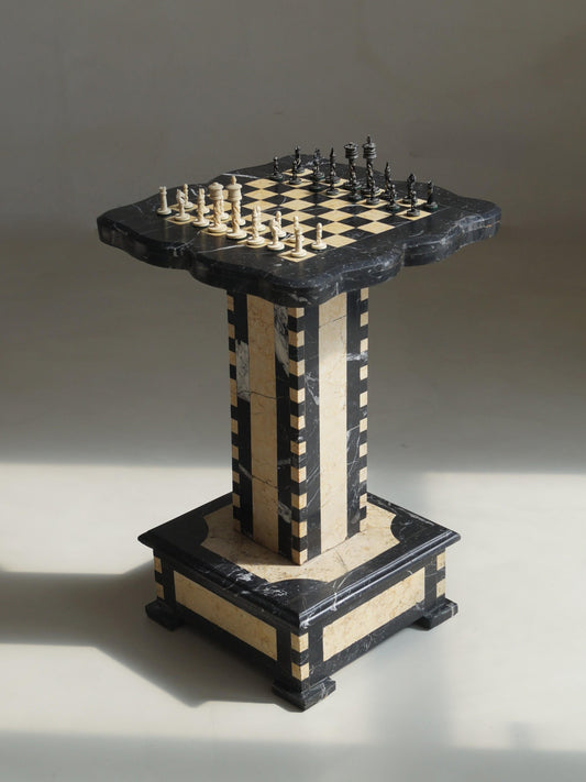 Belgian Art Deco Chess Table in Black and Honey-Toned Marble, 1920s Game Tables