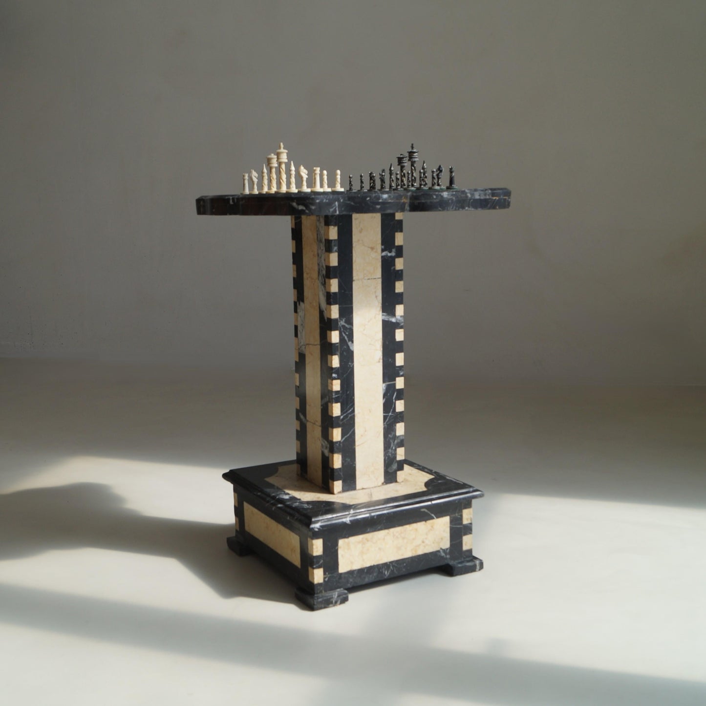 Belgian Art Deco Chess Table in Black and Honey-Toned Marble, 1920s Game Tables