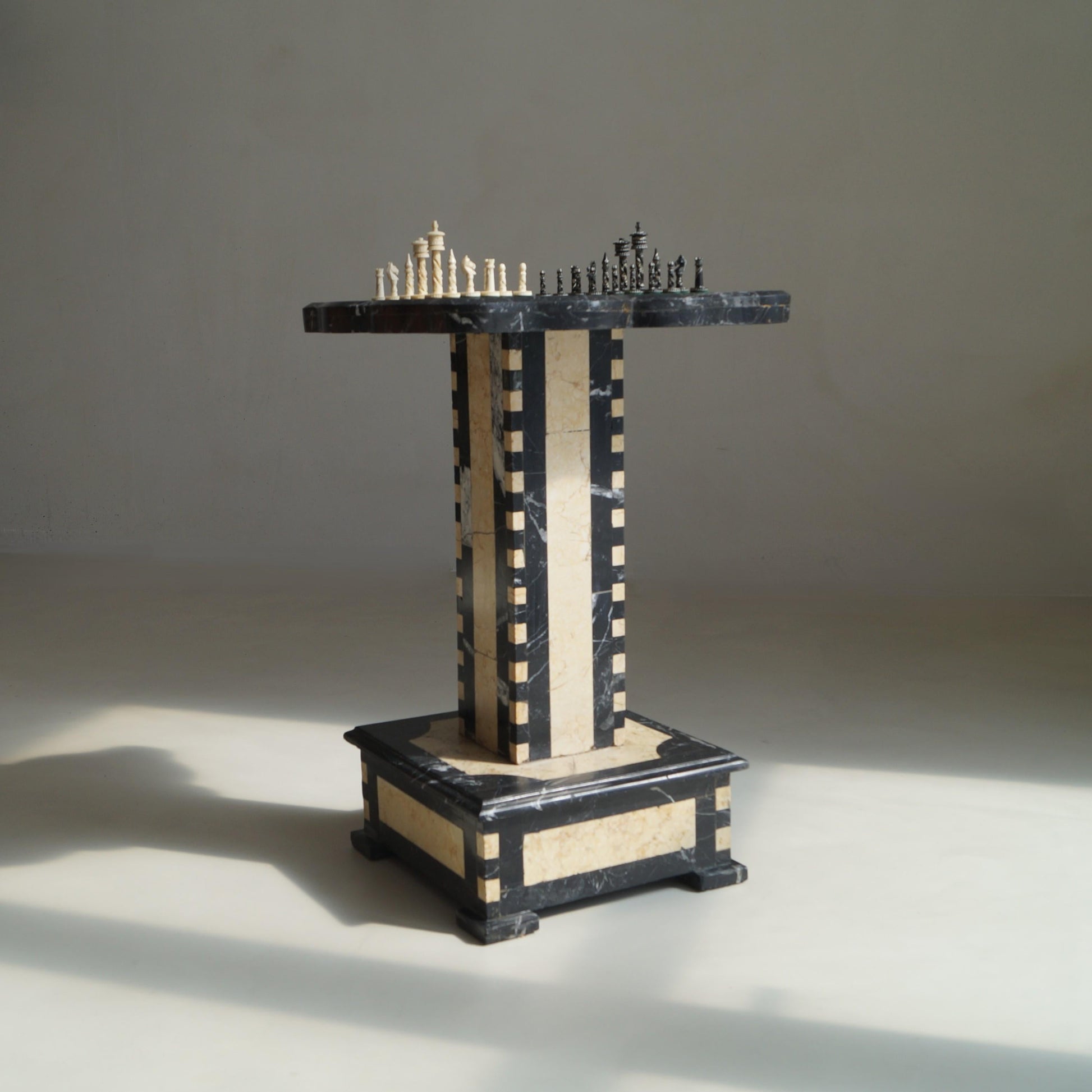 Belgian Art Deco Chess Table in Black and Honey-Toned Marble, 1920s Game Tables