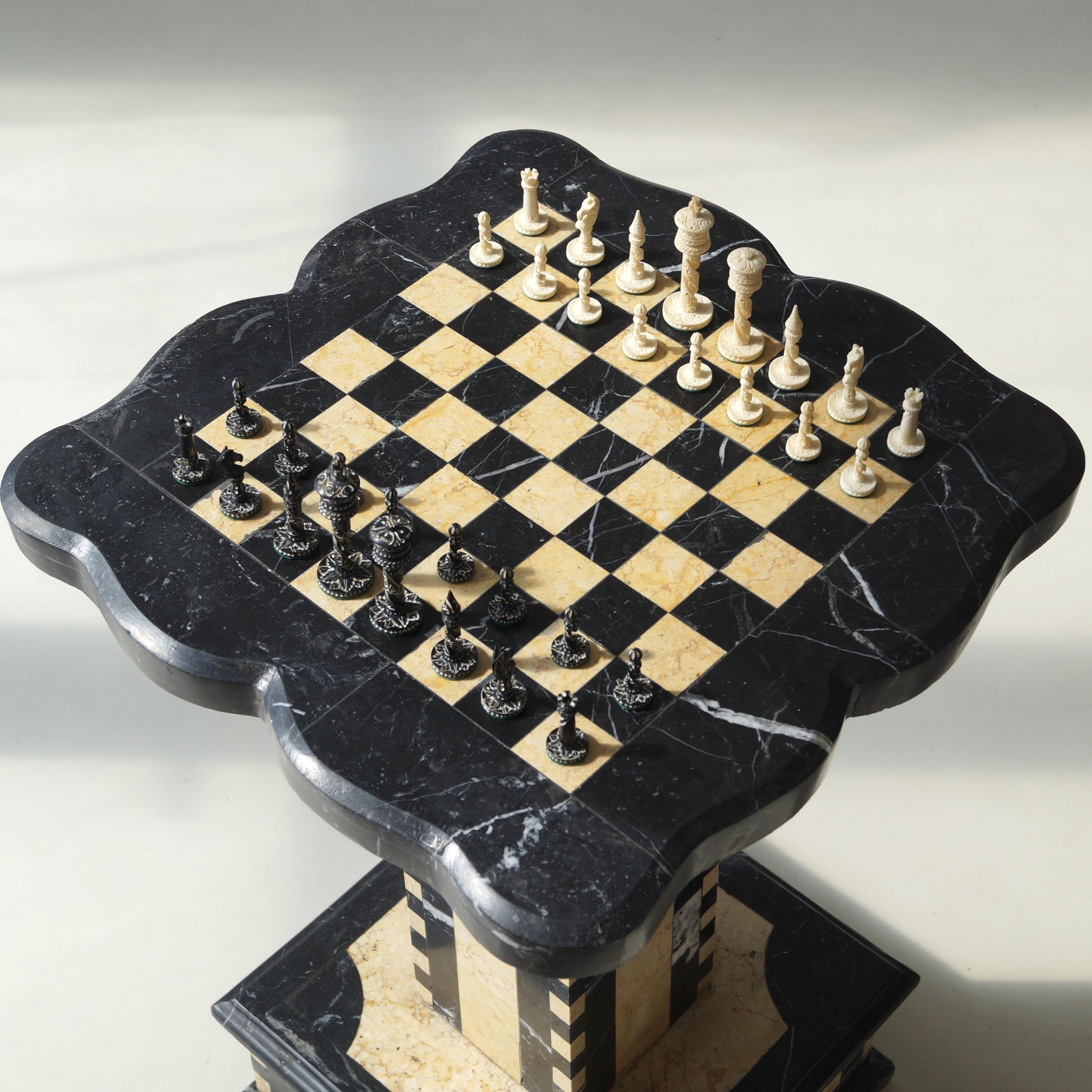 Belgian Art Deco Chess Table in Black and Honey-Toned Marble, 1920s Game Tables