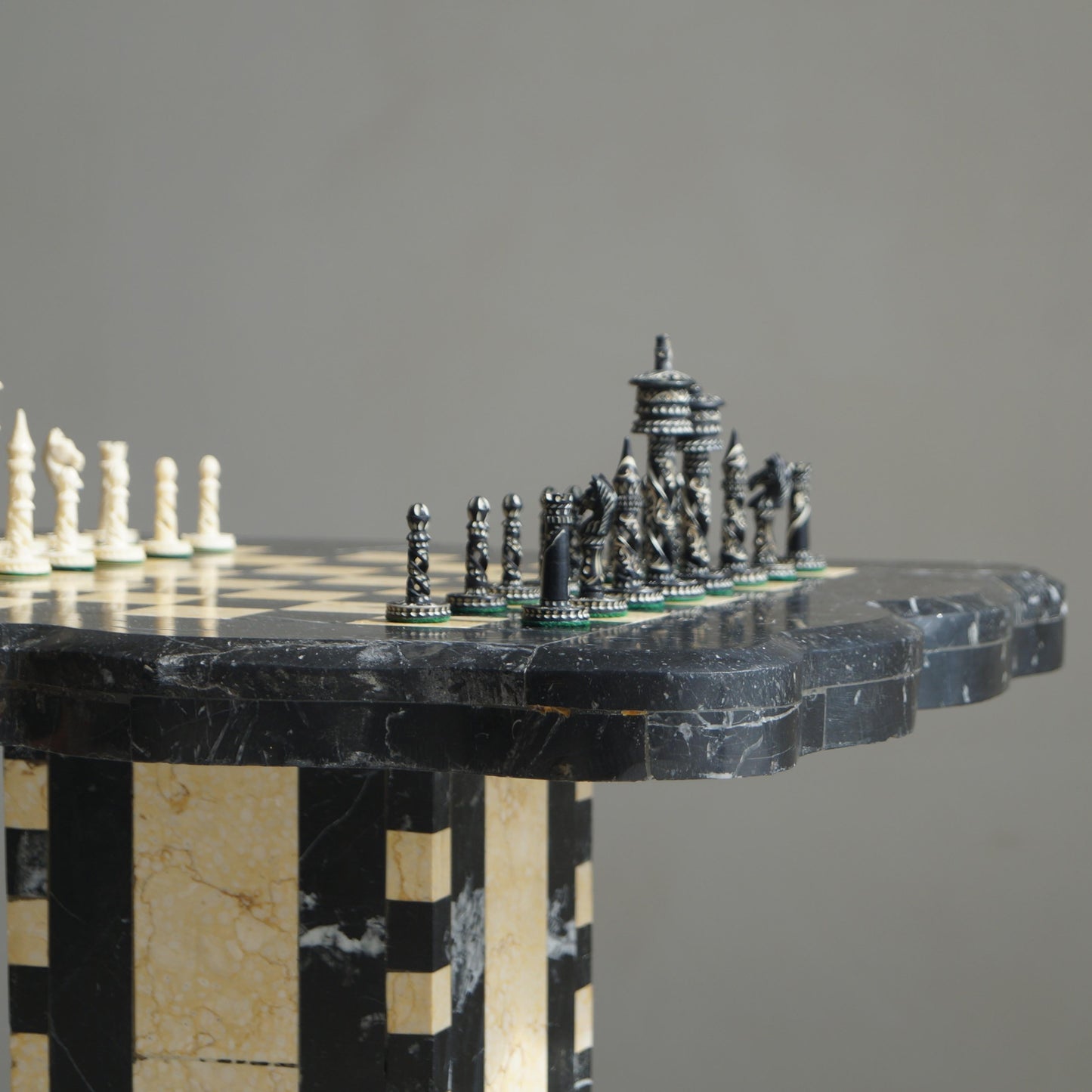 Belgian Art Deco Chess Table in Black and Honey-Toned Marble, 1920s Game Tables