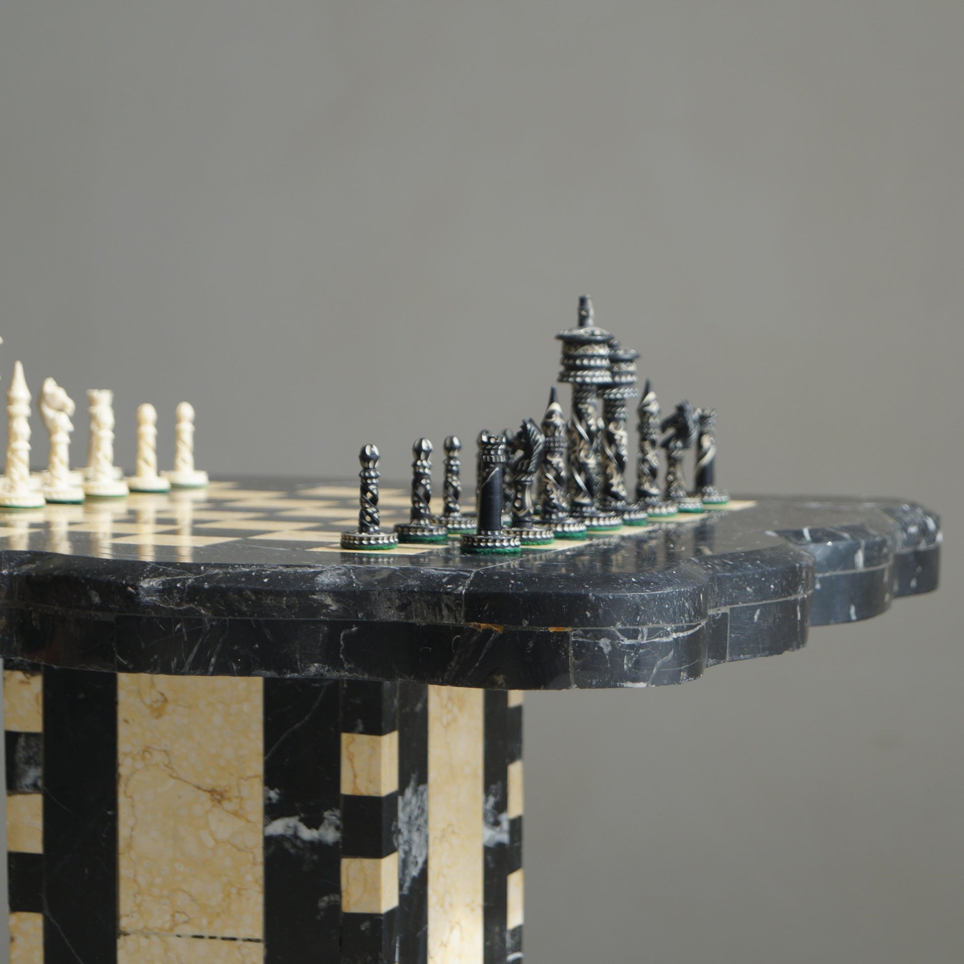 Belgian Art Deco Chess Table in Black and Honey-Toned Marble, 1920s Game Tables