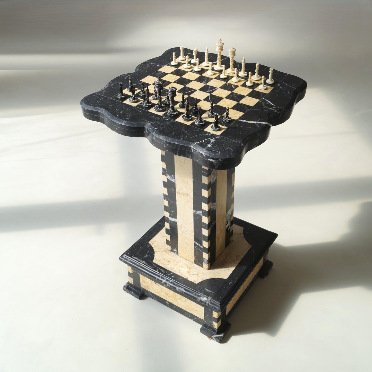 Belgian Art Deco Chess Table in Black and Honey-Toned Marble, 1920s Game Tables