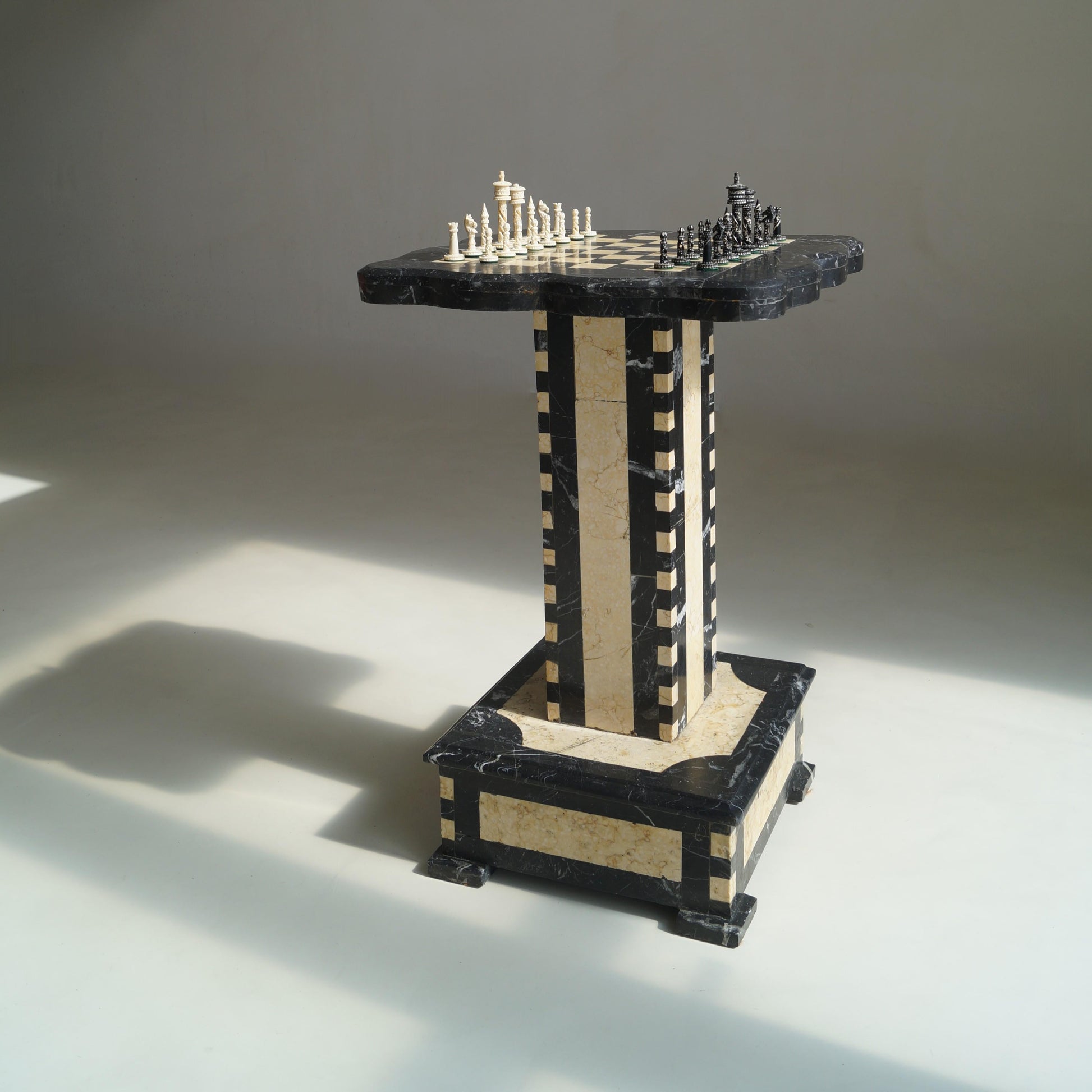 Belgian Art Deco Chess Table in Black and Honey-Toned Marble, 1920s Game Tables