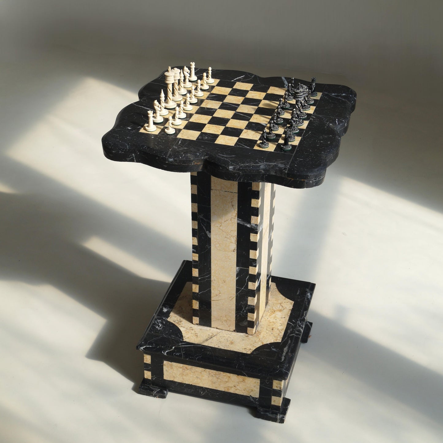 Belgian Art Deco Chess Table in Black and Honey-Toned Marble, 1920s Game Tables