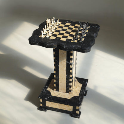 Belgian Art Deco Chess Table in Black and Honey-Toned Marble, 1920s Game Tables
