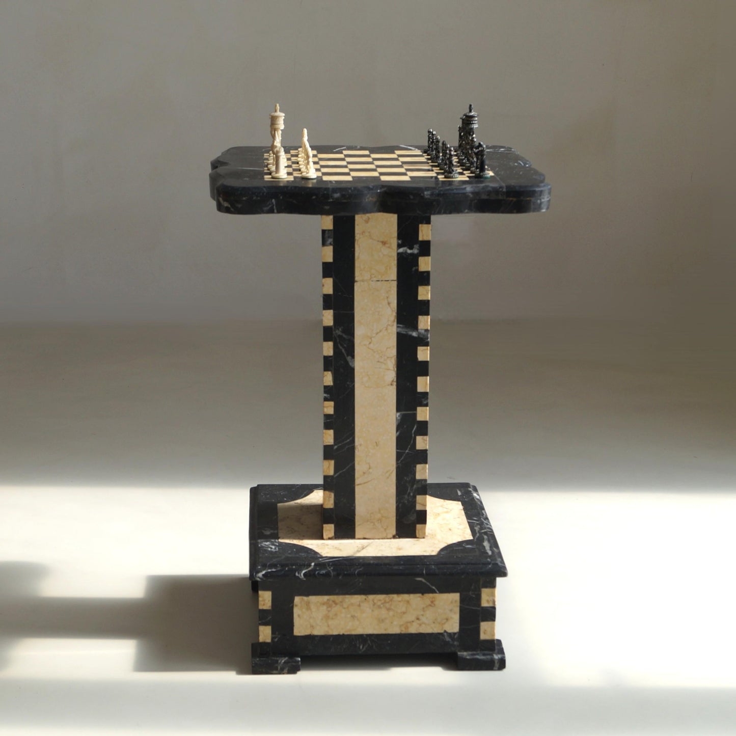 Belgian Art Deco Chess Table in Black and Honey-Toned Marble, 1920s Game Tables