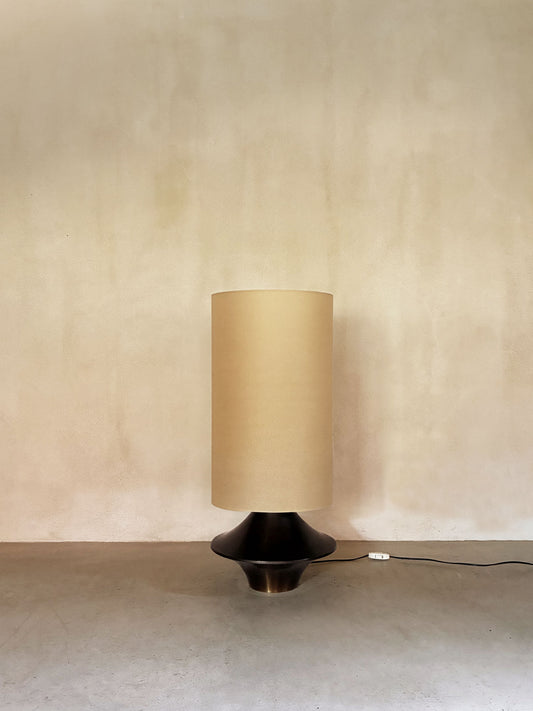 bronze lamp with parchment shade, unlit, bronze base and parchment shade