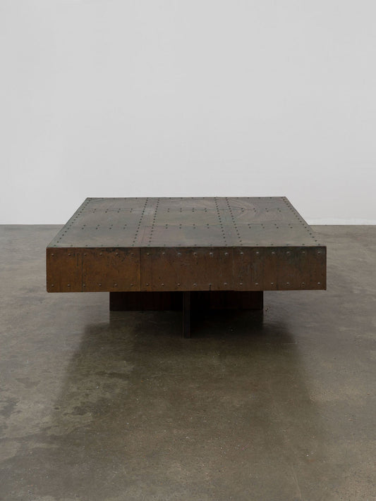 Brutalist Artisanal Copper and Mahogany Coffee Table Coffee Tables