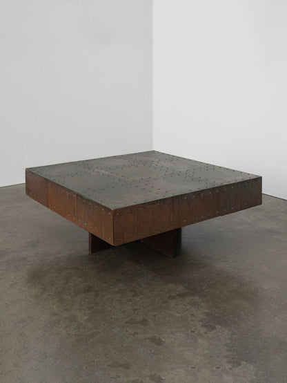 Brutalist Artisanal Copper and Mahogany Coffee Table Coffee Tables
