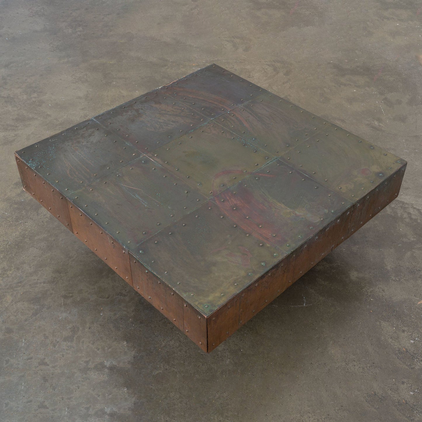 Brutalist Artisanal Copper and Mahogany Coffee Table Coffee Tables
