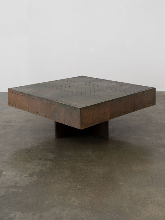 Brutalist Artisanal Copper and Mahogany Coffee Table Coffee Tables