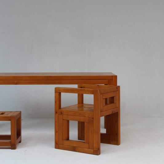 Brutalist Vintage Pinewood Dining Set, 70s Italy Dining Tables