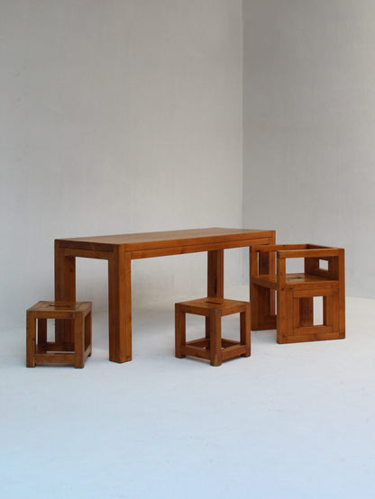 Brutalist Vintage Pinewood Dining Set, 70s Italy Dining Tables