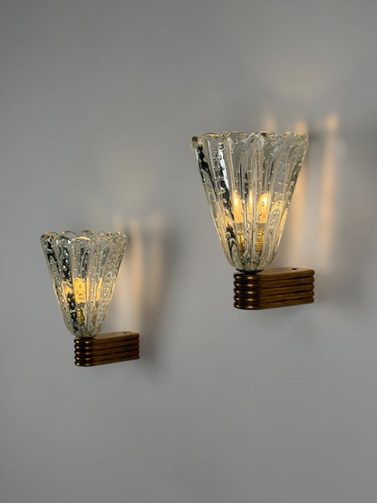 Pair of Monumental "Bullicante" Murano Glass Wall Lights by Ercole Barovier for Barovier & Toso, 1940s Sconces