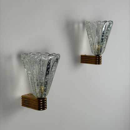 Pair of Monumental "Bullicante" Murano Glass Wall Lights by Ercole Barovier for Barovier & Toso, 1940s Sconces