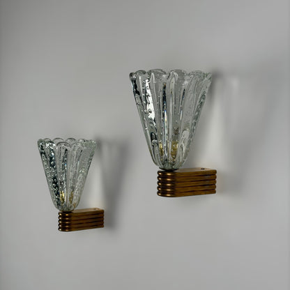 Pair of Monumental "Bullicante" Murano Glass Wall Lights by Ercole Barovier for Barovier & Toso, 1940s Sconces