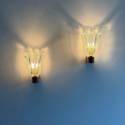 Pair of Monumental "Bullicante" Murano Glass Wall Lights by Ercole Barovier for Barovier & Toso, 1940s Sconces