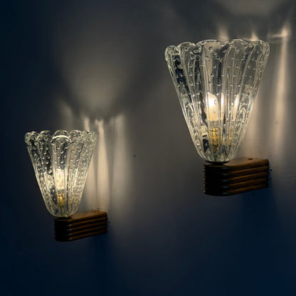Pair of Monumental "Bullicante" Murano Glass Wall Lights by Ercole Barovier for Barovier & Toso, 1940s Sconces