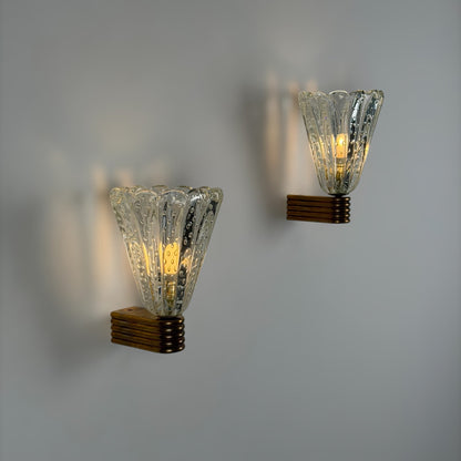 Pair of Monumental "Bullicante" Murano Glass Wall Lights by Ercole Barovier for Barovier & Toso, 1940s Sconces