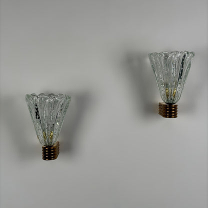 Pair of Monumental "Bullicante" Murano Glass Wall Lights by Ercole Barovier for Barovier & Toso, 1940s Sconces