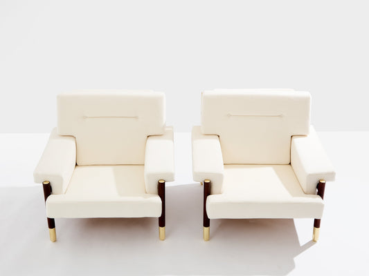 Carlo De Carli Pair of Armchairs in Rosewood Brass Leather, 1966 Chairs