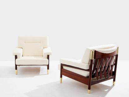 Carlo De Carli Pair of Armchairs in Rosewood Brass Leather, 1966 Chairs
